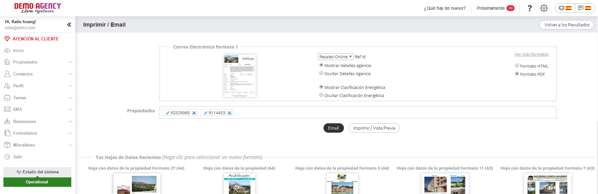 Mande por e-mail y/o imprima fichas de propiedades.