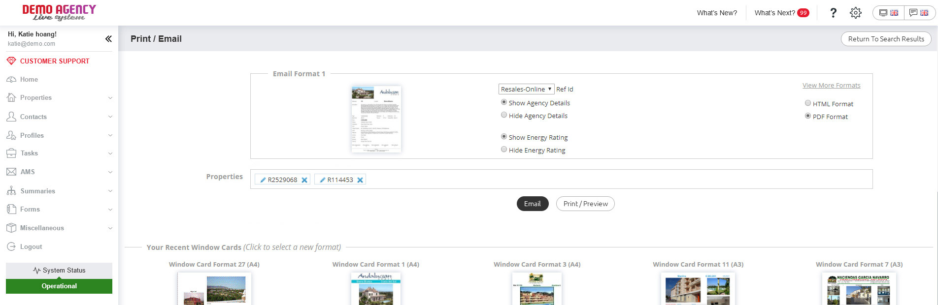 Email and/or print window cards